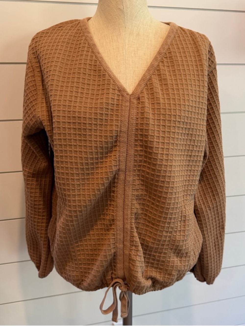 Max Studio Brown V-Neck Waffle Knit Drawstring Sweater